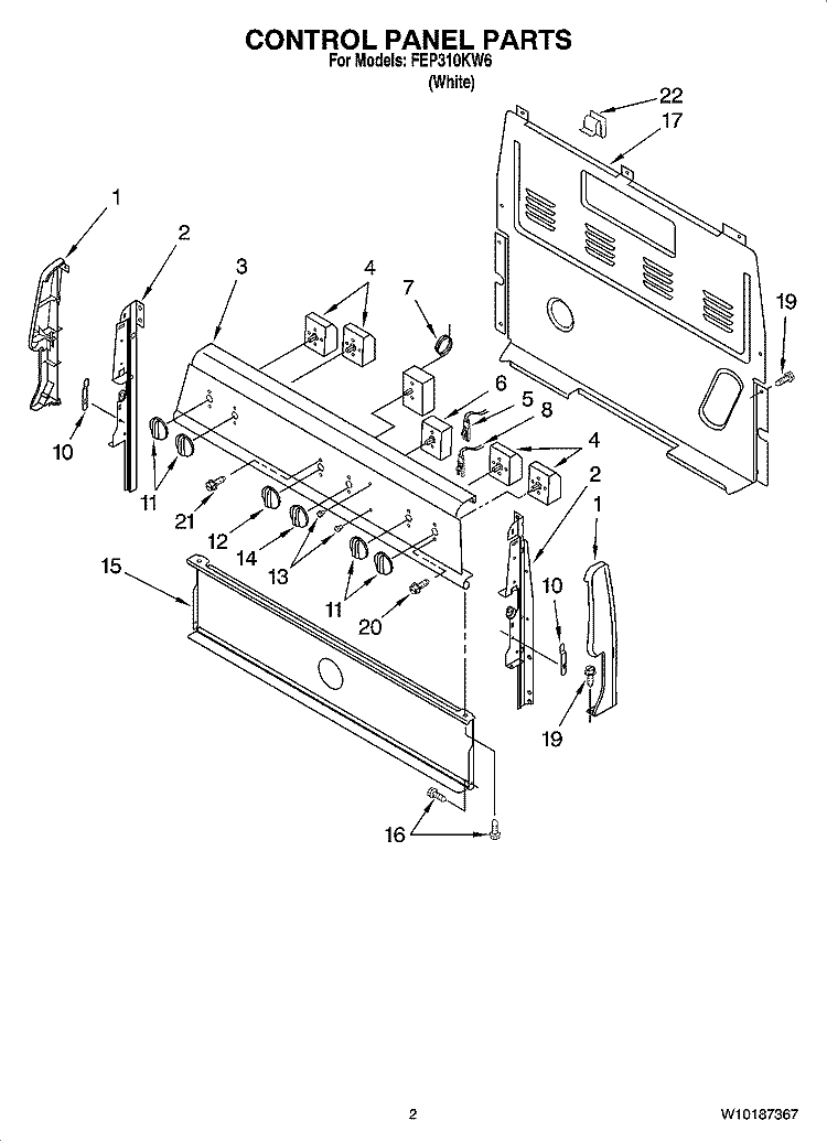 CONTROL PANEL PARTS Diagram and Parts List for FEP310KW6  Roper Range