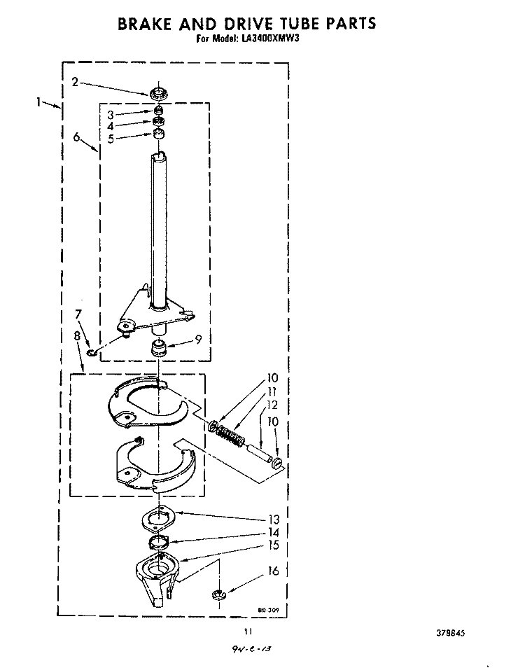 BRAKE AND DRIVE TUBE Diagram and Parts List for LA3400XMW3  Whirlpool Washer