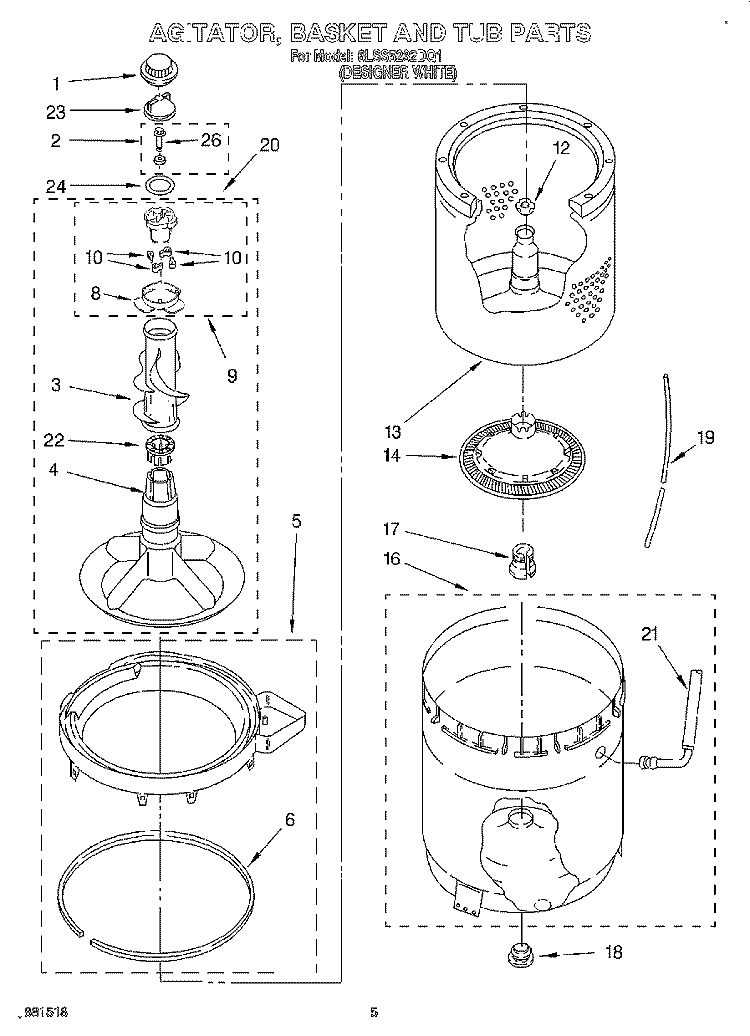 AGITATOR, BASKET AND TUB Diagram and Parts List for 6LSS5232DQ1  Whirlpool Washer