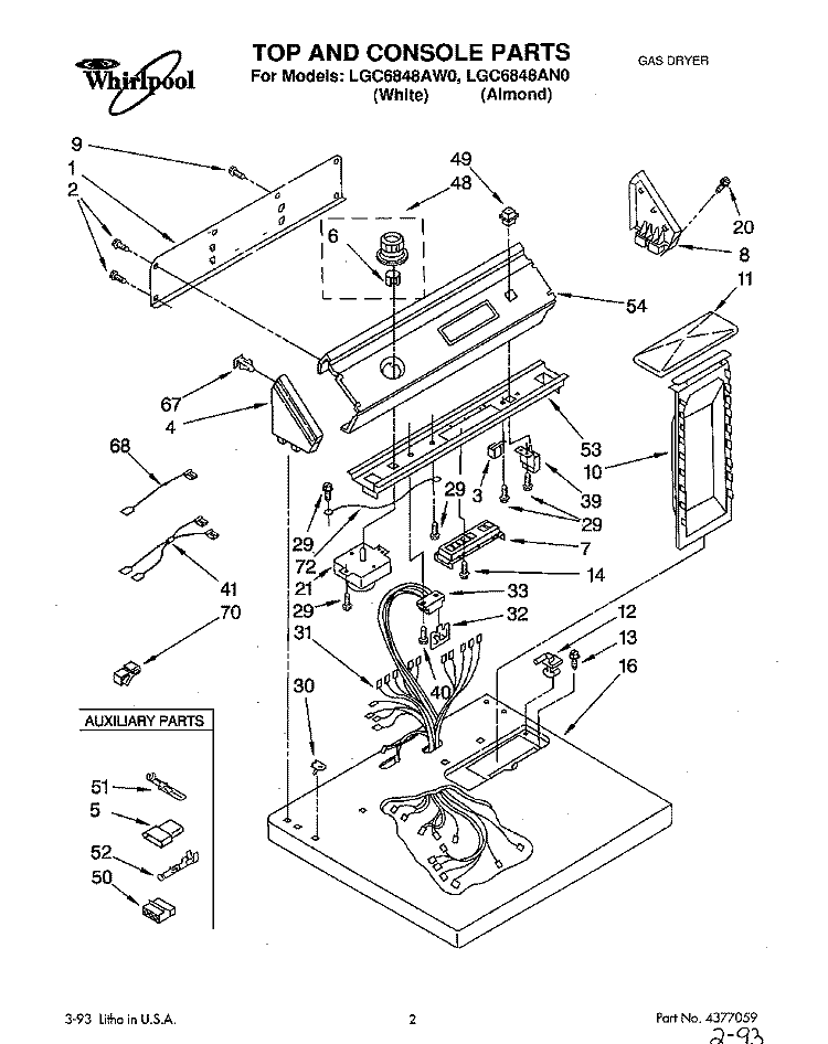 TOP AND CONSOLE, LIT/OPTIONAL Diagram and Parts List for LGC6848AW0  Whirlpool Dryer