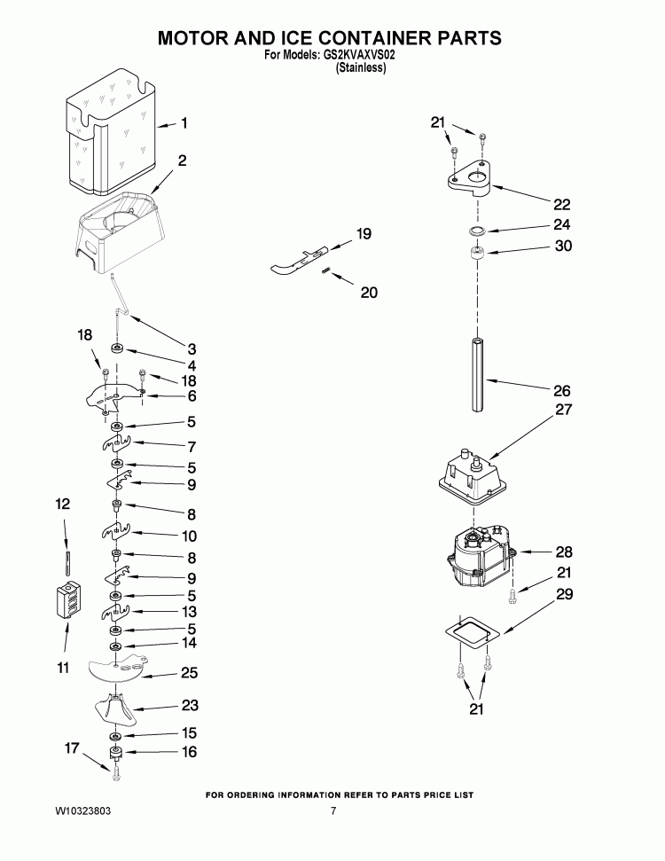 MOTOR AND ICE CONTAINER PARTS Diagram and Parts List for GS2KVAXVS02  Whirlpool Refrigerator
