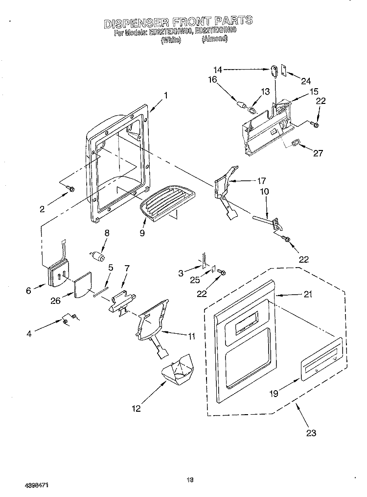 DISPENSER FRONT Diagram and Parts List for ED22TEXHW00  Whirlpool Refrigerator