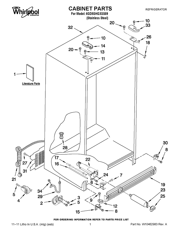 CABINET PARTS Diagram and Parts List for 6GD5SHGXSS09  Whirlpool Refrigerator