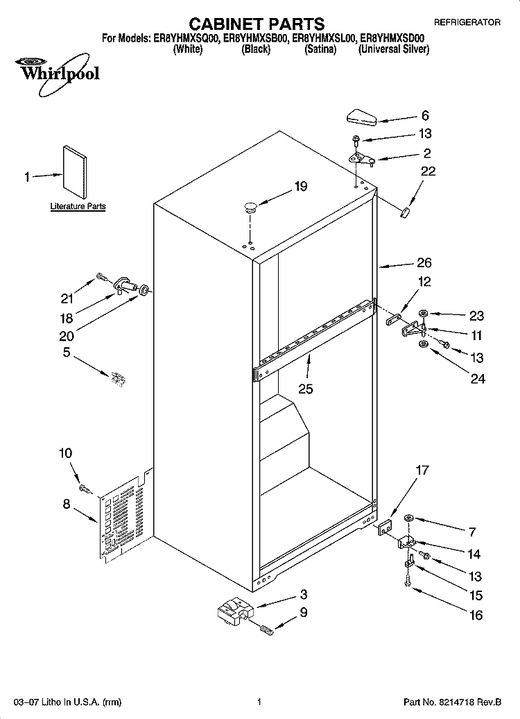 CABINET PARTS Diagram and Parts List for ER8YHMXSL00  Whirlpool Refrigerator