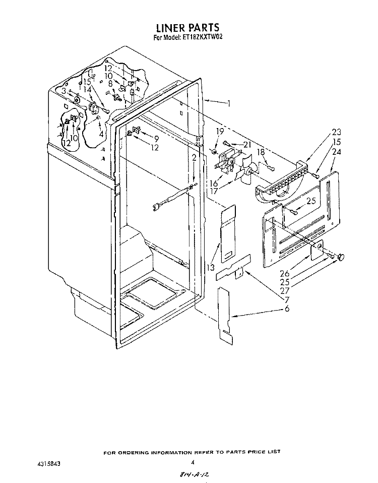LINER Diagram and Parts List for ET18ZKXTM02  Whirlpool Refrigerator