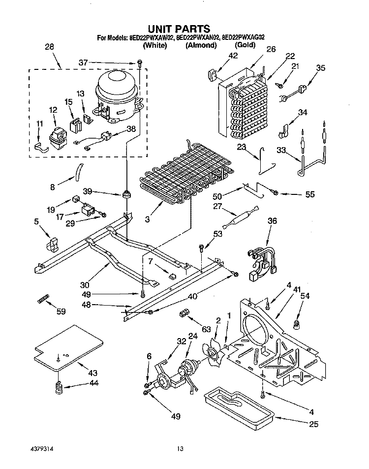 UNIT Diagram and Parts List for 8ED22PWXAW02  Whirlpool Refrigerator