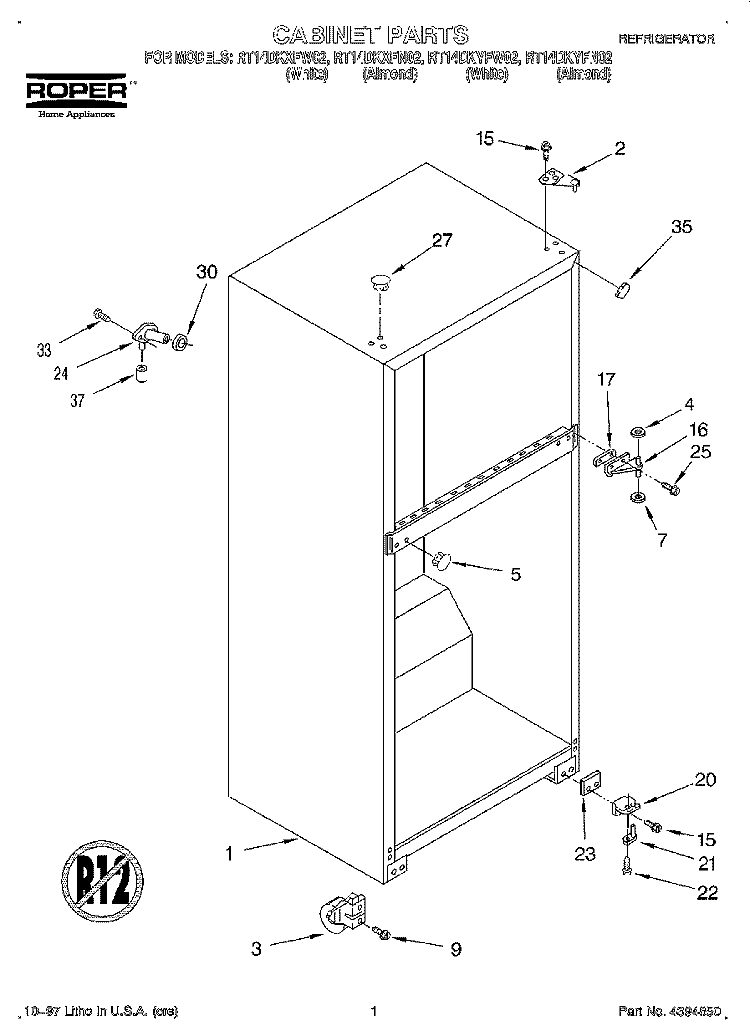 CABINET Diagram and Parts List for RT14DKXFN02  Roper Refrigerator