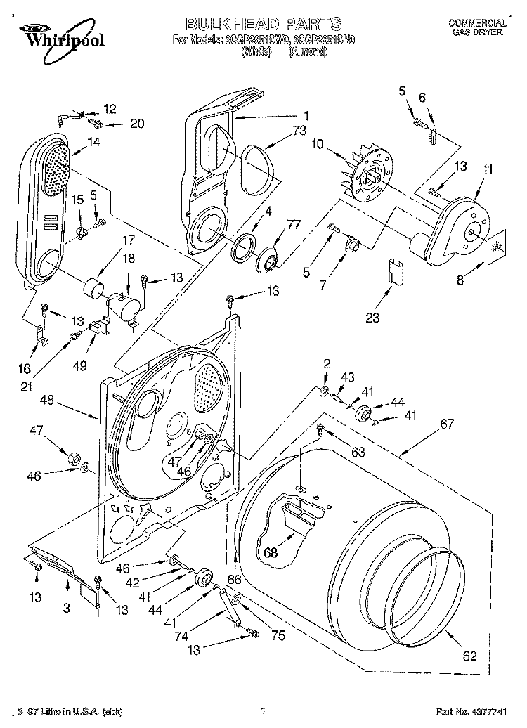 BULKHEAD, LIT/OPTIONAL Diagram and Parts List for 3CGP2951DN0  Whirlpool Dryer