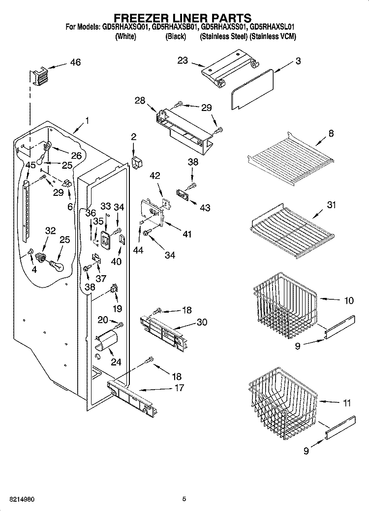 FREEZER LINER PARTS Diagram and Parts List for GD5RHAXSS01  Whirlpool Refrigerator