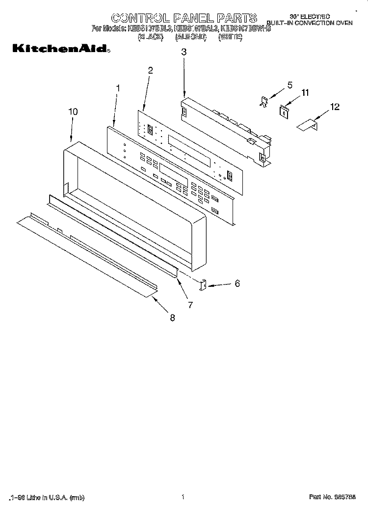 CONTROL PANEL Diagram and Parts List for KEBS107BAL3  KitchenAid Wall Oven