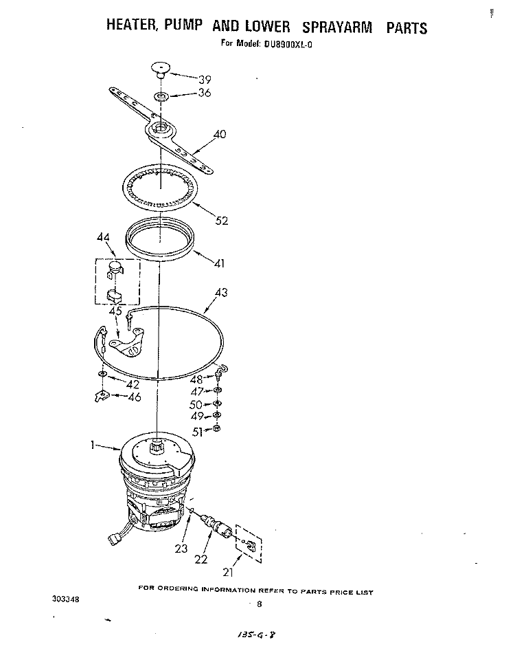 HEATER, PUMP AND LOWER SPRAYARM Diagram and Parts List for DU8900XL0  Whirlpool Dishwasher