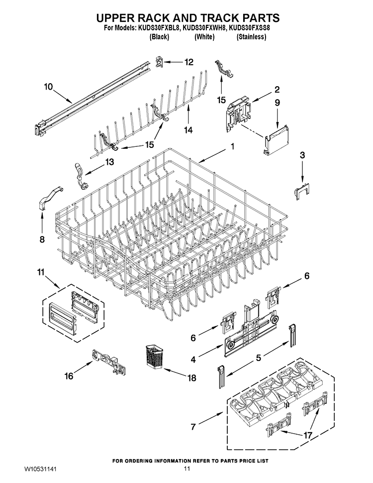 UPPER RACK AND TRACK PARTS Diagram and Parts List for KUDS30FXSS8  KitchenAid Dishwasher