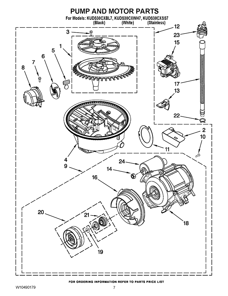 PUMP AND MOTOR PARTS Diagram and Parts List for KUDS30CXSS7  KitchenAid Dishwasher