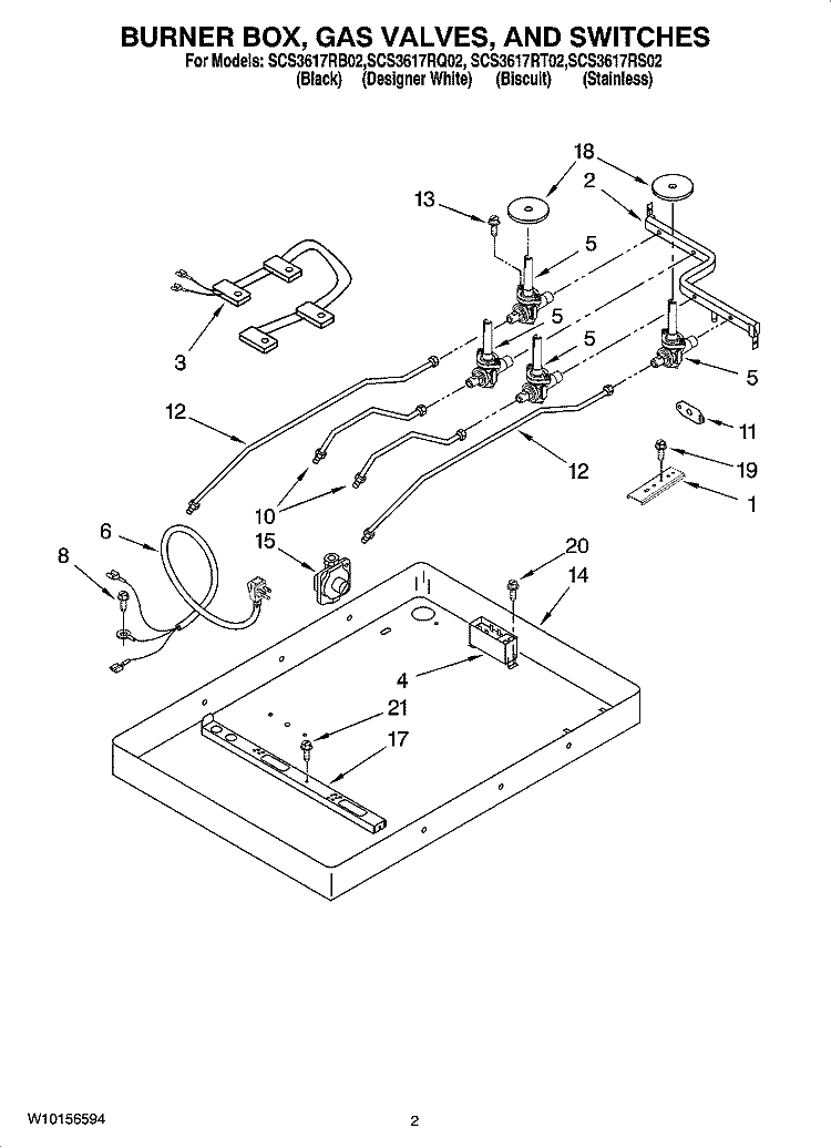 BURNER BOX, GAS VALVES, AND SWITCHES Diagram and Parts List for SCS3617RB02  Whirlpool Cooktop