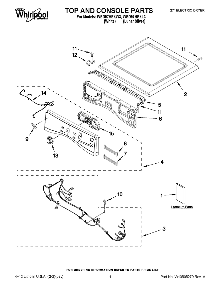 TOP AND CONSOLE PARTS Diagram and Parts List for WED97HEXL3  Whirlpool Dryer