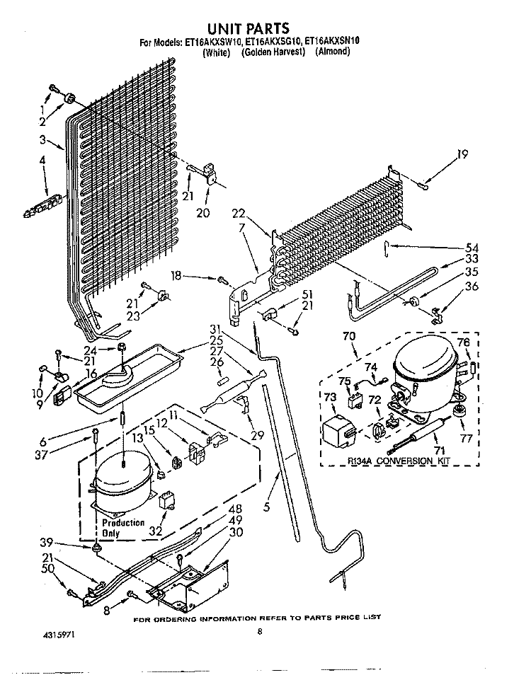 UNIT Diagram and Parts List for ET16AKXSW10  Whirlpool Refrigerator