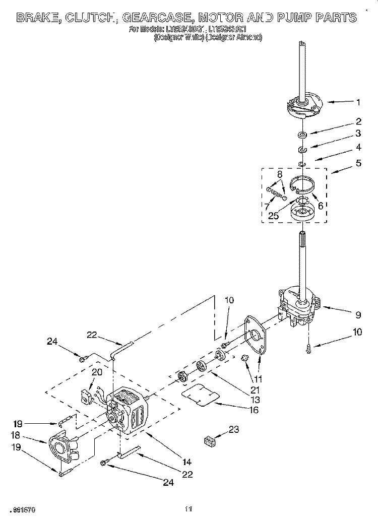 BRAKE, CLUTCH, GEARCASE, MOTOR AND PUMP Diagram and Parts List for LTE5243DQ1  Whirlpool Washer Dryer Combo