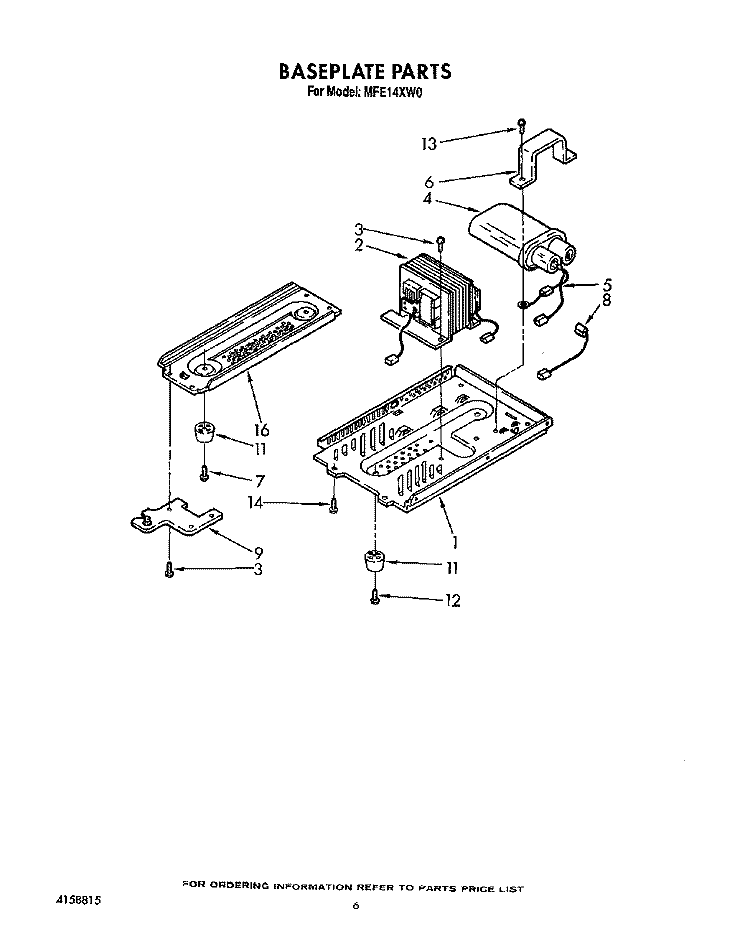 BASEPLATE Diagram and Parts List for MFE14XW0  Roper Microwave