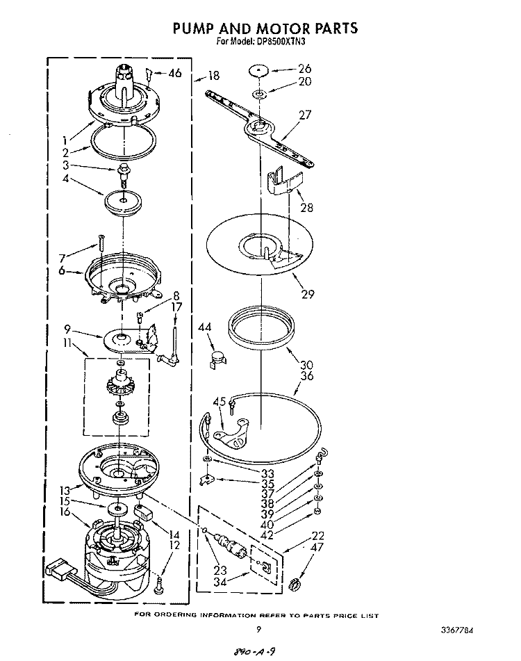 PUMP AND MOTOR Diagram and Parts List for DP8500XTN3  Whirlpool Dishwasher