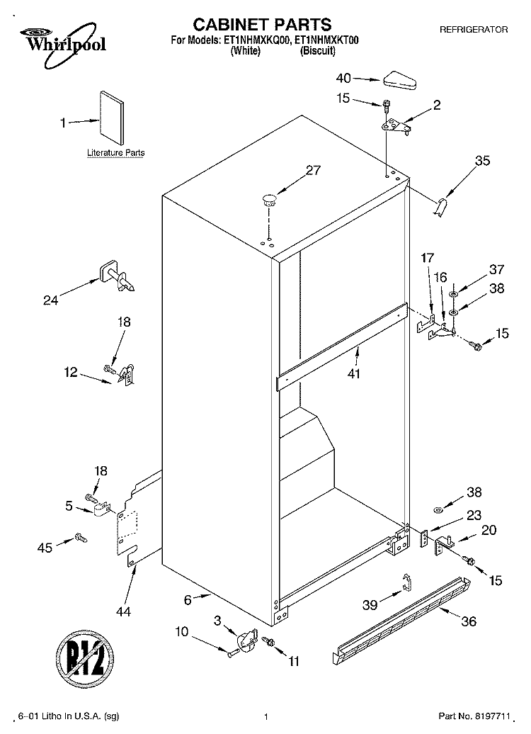 CABINET, LITERATURE Diagram and Parts List for ET1NHMXKQ00  Whirlpool Refrigerator