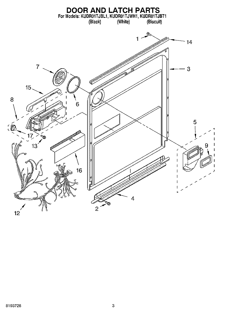 DOOR AND LATCH PARTS Diagram and Parts List for KUDR01TJBT1  KitchenAid Dishwasher