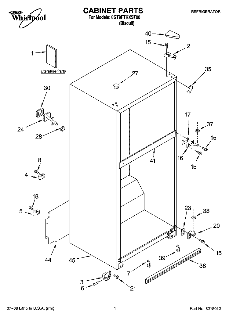 CABINET PARTS Diagram and Parts List for 8GT9FTKXST00  Whirlpool Refrigerator