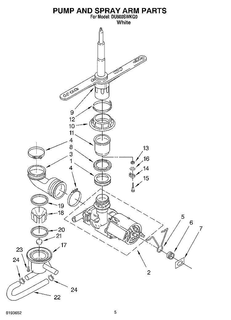 PUMP AND SPRAY ARM Diagram and Parts List for DU800SWKQ0  Whirlpool Dishwasher
