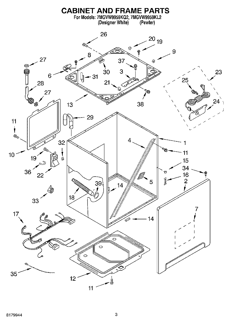 CABINET AND FRAME PARTS Diagram and Parts List for 7MGVW9959KQ2  Whirlpool Washer