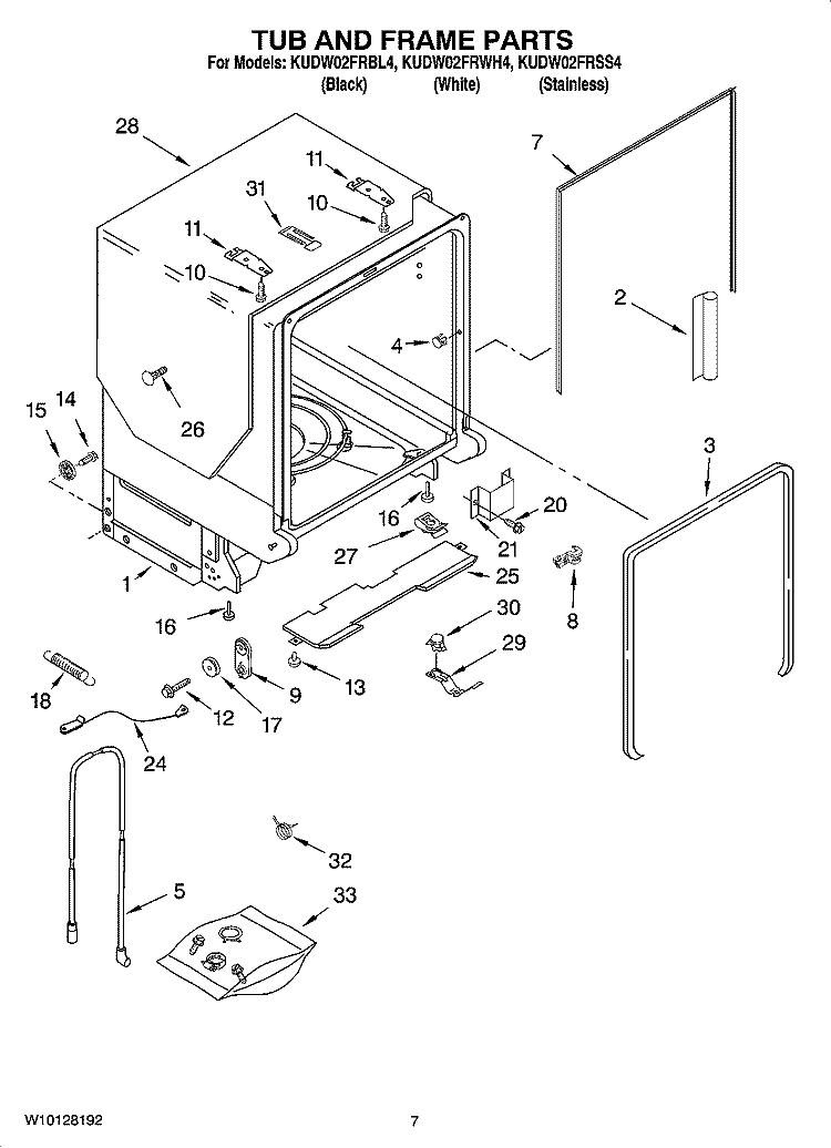 TUB AND FRAME PARTS Diagram and Parts List for KUDW02FRWH4  KitchenAid Dishwasher