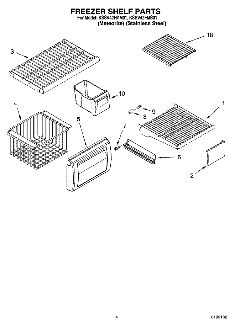 FREEZER SHELF PARTS Diagram and Parts List for KSSV42FMS01  KitchenAid Refrigerator