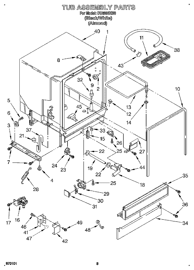 TUB ASSEMBLY, LIT/OPTIONAL Diagram and Parts List for DU8000XB0  Whirlpool Dishwasher