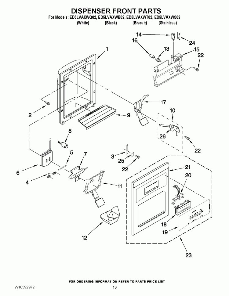 DISPENSER FRONT PARTS Diagram and Parts List for ED5LVAXWB02  Whirlpool Refrigerator