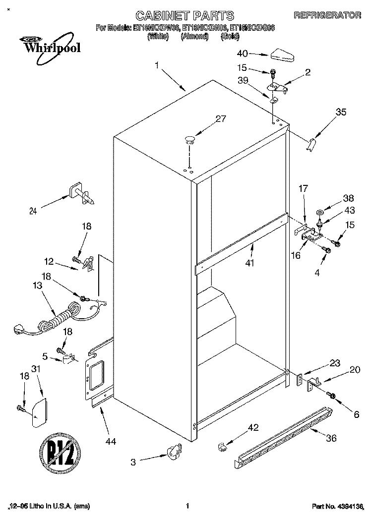 CABINET Diagram and Parts List for ET18NKXDW06  Whirlpool Refrigerator