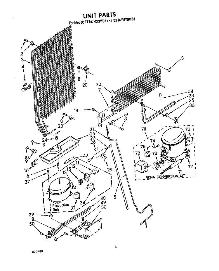 UNIT Diagram and Parts List for ET14JMYSG03  Whirlpool Refrigerator