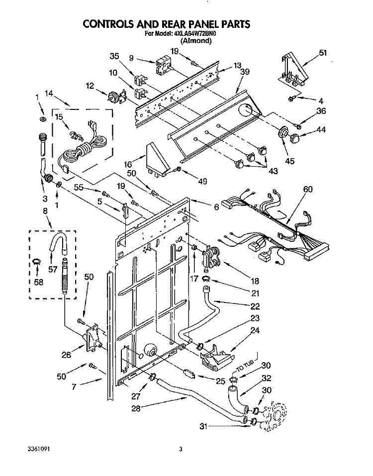 CONTROLS AND REAR PANEL Diagram and Parts List for 4XLA64W72BN0  Whirlpool Washer