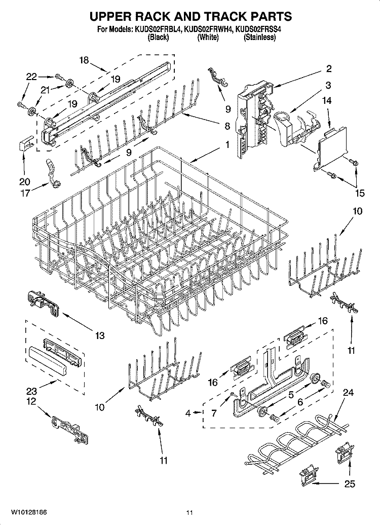 UPPER RACK AND TRACK PARTS Diagram and Parts List for KUDS02FRWH4  KitchenAid Dishwasher