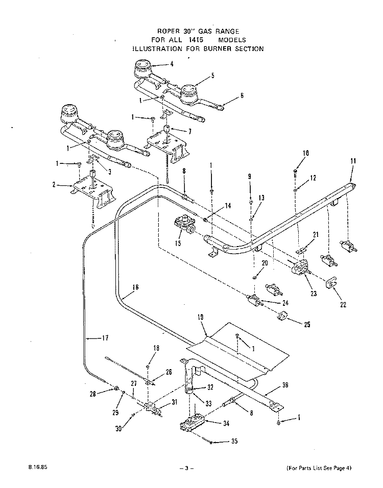 BURNER Diagram and Parts List for 1415W1A  Roper Range