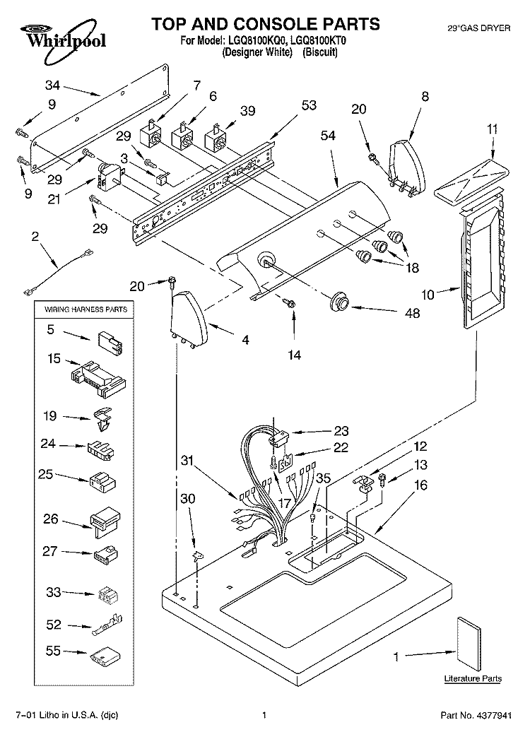 TOP AND CONSOLE, LITERATURE Diagram and Parts List for LGQ8100KT0  Whirlpool Dryer