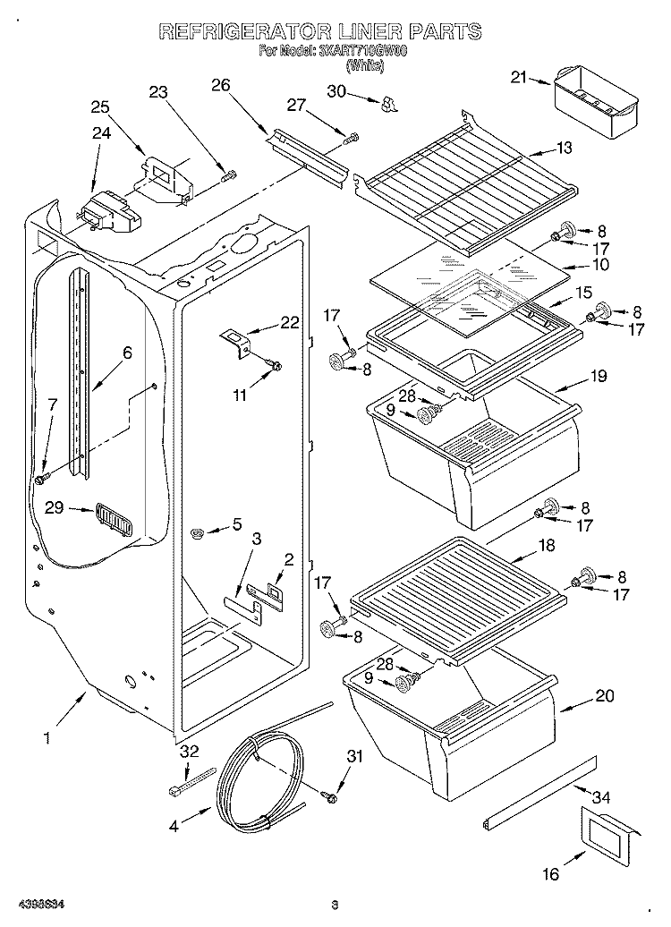REFRIGERATOR LINER Diagram and Parts List for 3XART710GW00  Whirlpool Refrigerator