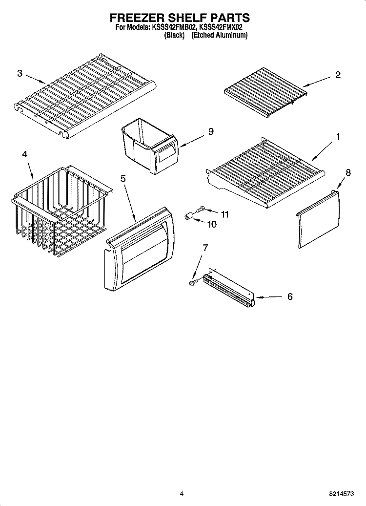 FREEZER SHELF PARTS Diagram and Parts List for KSSS42FMB02  KitchenAid Refrigerator