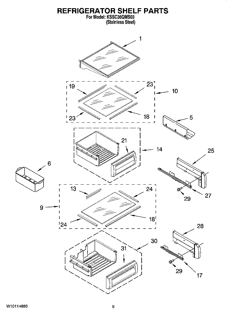 REFRIGERATOR SHELF PARTS Diagram and Parts List for KSSC36QMS03  KitchenAid Refrigerator