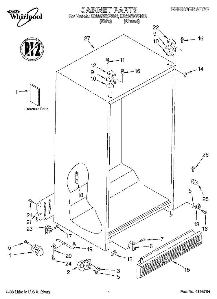 CABINET, LITERATURE Diagram and Parts List for ED22GWXFW03  Whirlpool Refrigerator