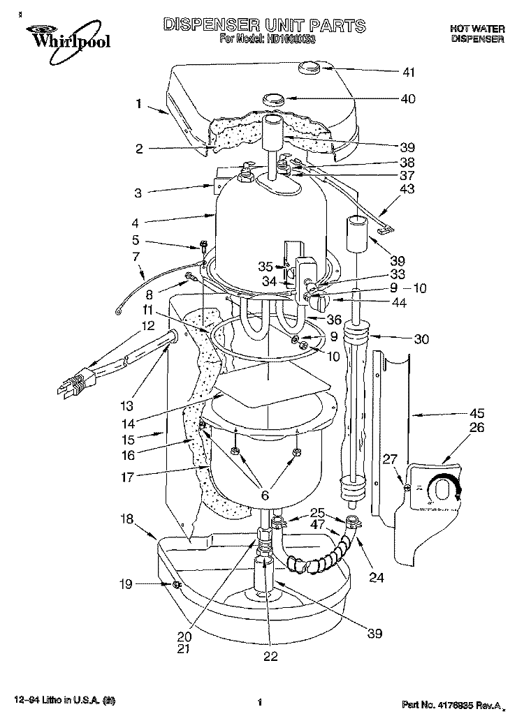 DISPENSER Diagram and Parts List for HD1000XS3  Whirlpool Miscellaneous