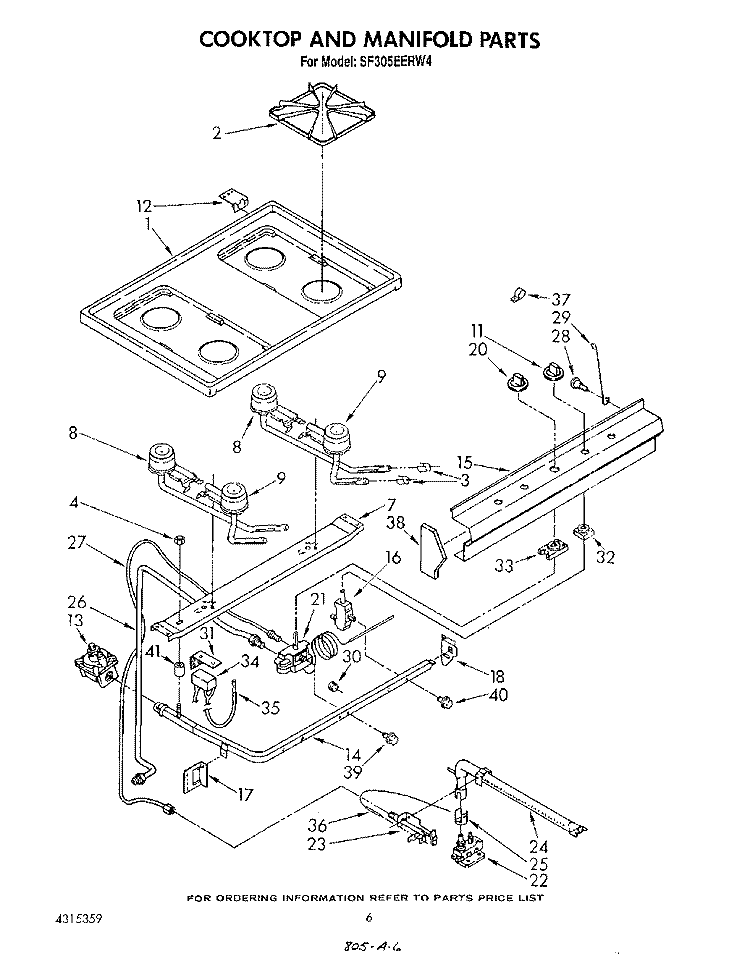 COOK TOP AND MANIFOLD , LITERATURE Diagram and Parts List for SF305EERW4  Whirlpool Range