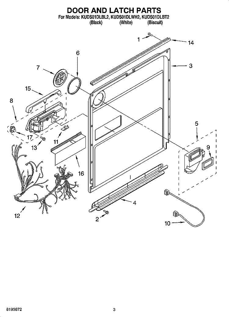 DOOR AND LATCH PARTS Diagram and Parts List for KUDS01DLBT2  KitchenAid Dishwasher