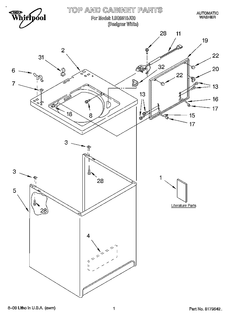 TOP AND CABINET, LITERATURE Diagram and Parts List for LSQ9510JQ0  Whirlpool Washer