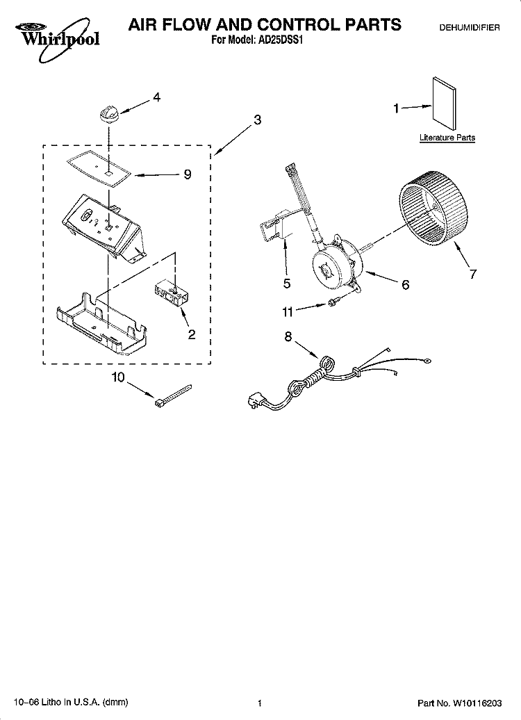 AIR FLOW AND CONTROL PARTS Diagram and Parts List for AD25DSS1  Whirlpool Dehumidifier