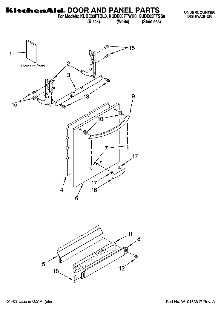 DOOR AND PANEL PARTS Diagram and Parts List for KUDE03FTBL0  KitchenAid Dishwasher