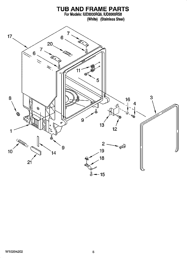 TUB AND FRAME PARTS Diagram and Parts List for IUD8000RS8  Whirlpool Dishwasher