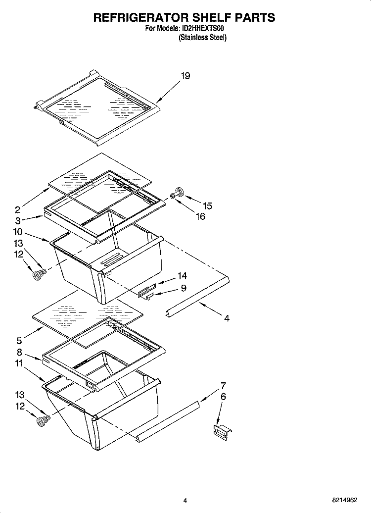 REFRIGERATOR SHELF PARTS Diagram and Parts List for ID2HHEXTS00  Whirlpool Refrigerator